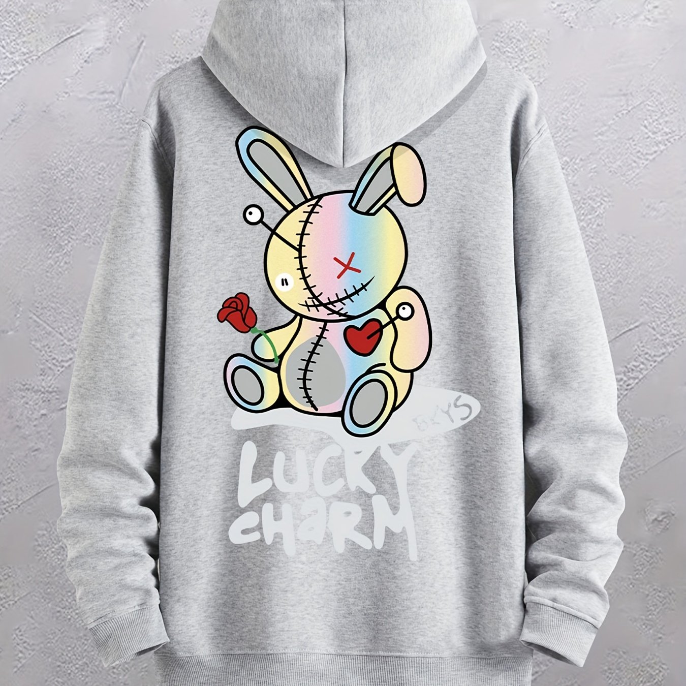 Cartoon Rabbit Holding Flower Print, Long- Sleeve Men's Casual