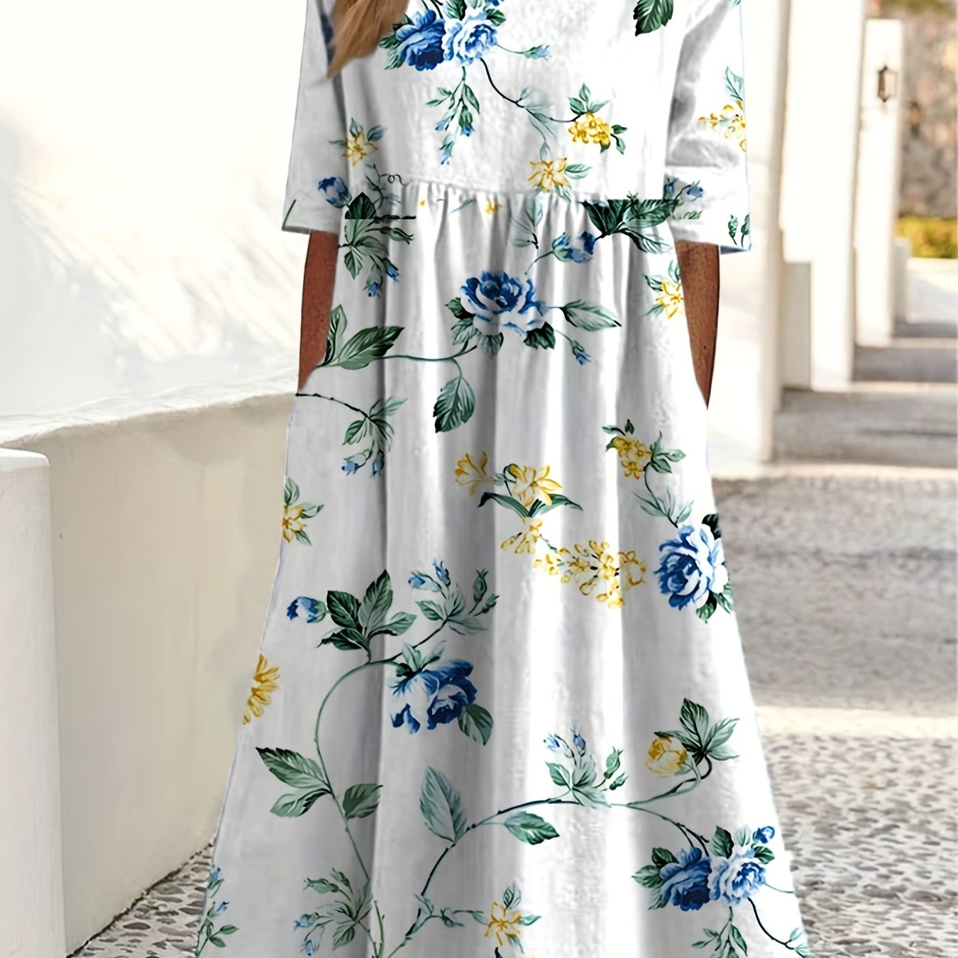 Floral Print Pocket Dress Casual Crew Neck Short Sleeve - Temu