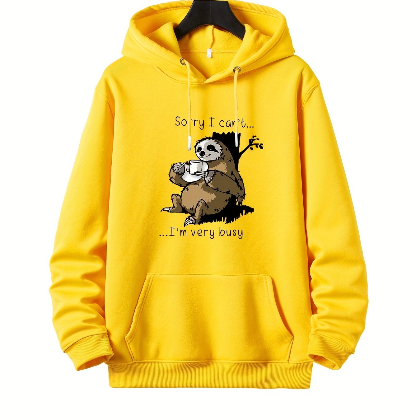 TEMU Plus Size Men's Busy Sloth Pullover Drawstring Hoodie, Oversized Loose Clothing For Big And Tall Guys