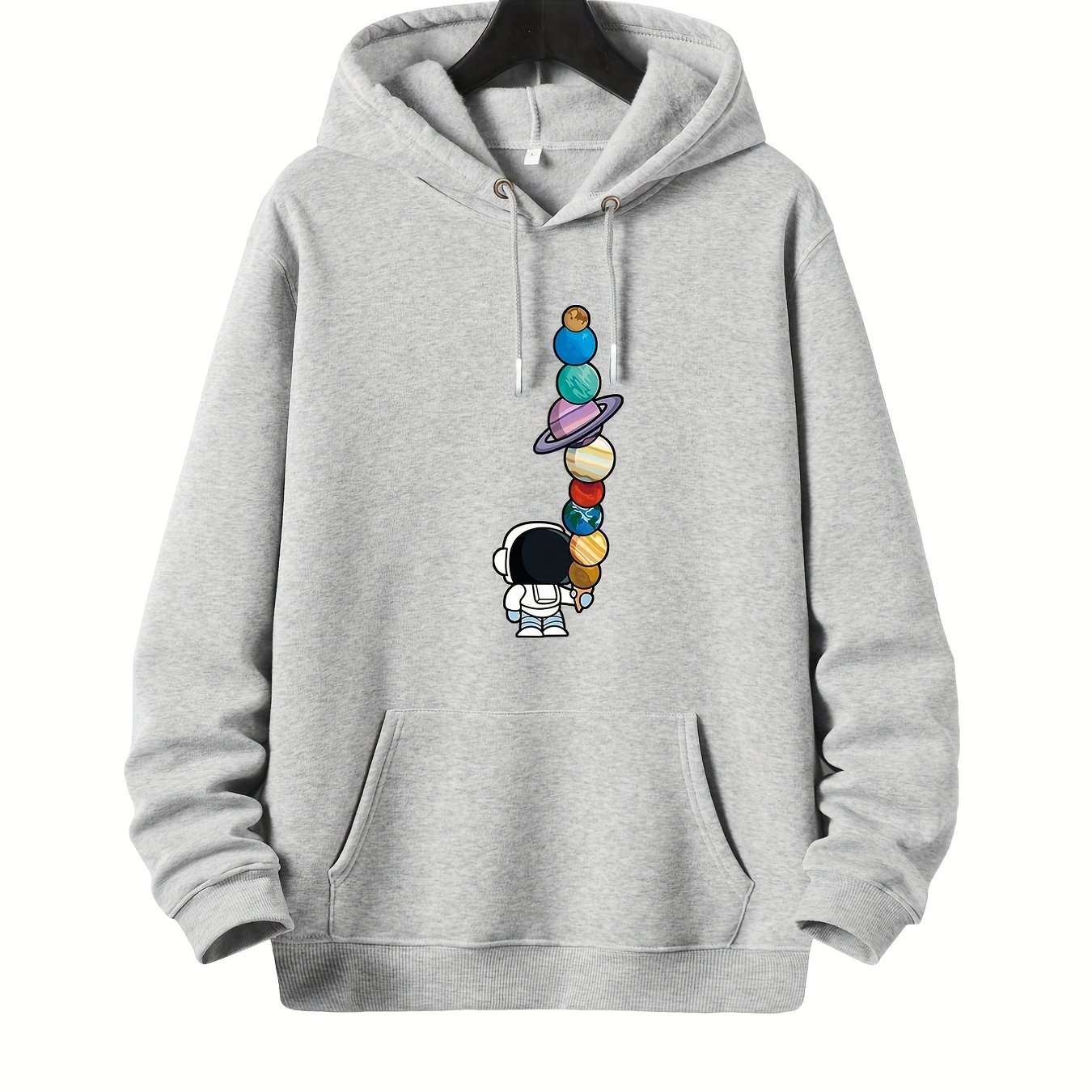 TEMU Plus Size Men's Astronaut And Planets Ice Cream Cone Pullover Drawstring Hoodie, Oversized Loose Clothing For Big And Tall Guys