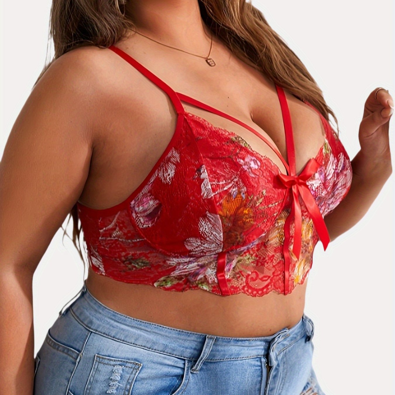 Women's Sexy Bralette Bra, Plus Size Foral Lace Hollow Out Lace Up Back  Cami Bra