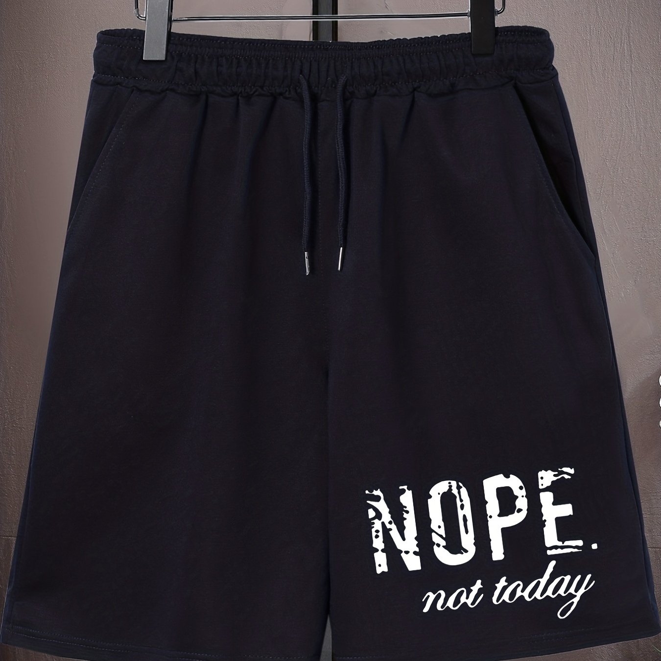 TEMU Men's Plus Size Casual Shorts, "nope Not Today" Print, Polyester 100%, Medium Stretch Knit Fabric, Drawstring, Regular Fit, 200g/m², Oversized