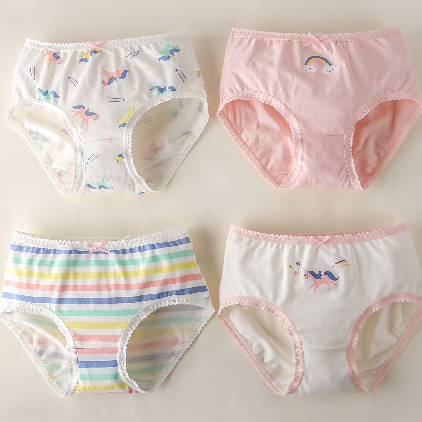 4pcs/set Girls Cartoon Unicorn And Rainbow Stripe Graphic Bow Shortie Brief  Soft Cotton Breathable Comfortable Underwear