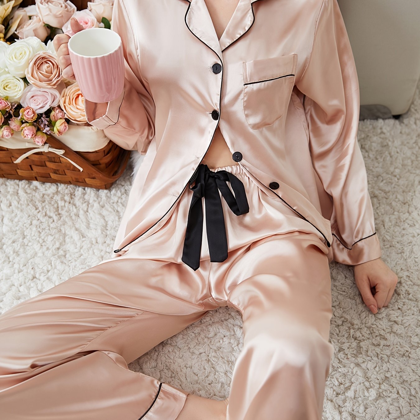 Soft Satin Space Pajamas Set Lightweight Button Blouse - Temu