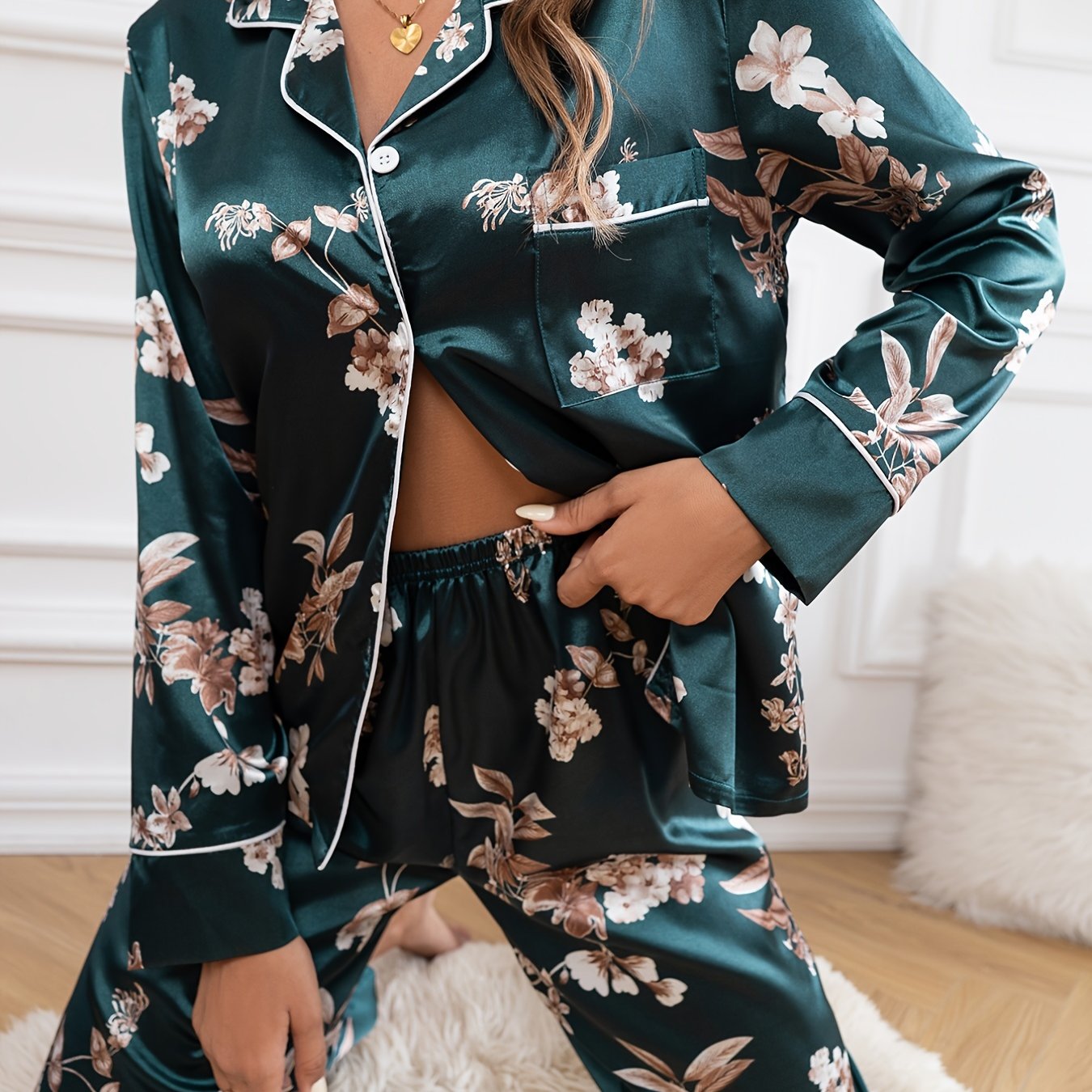 Elegant Floral Print Pajama Set, Long Sleeve Blouse Top & Elastic Waistband  Pants, Women's Sleepwear & Loungewear - Temu