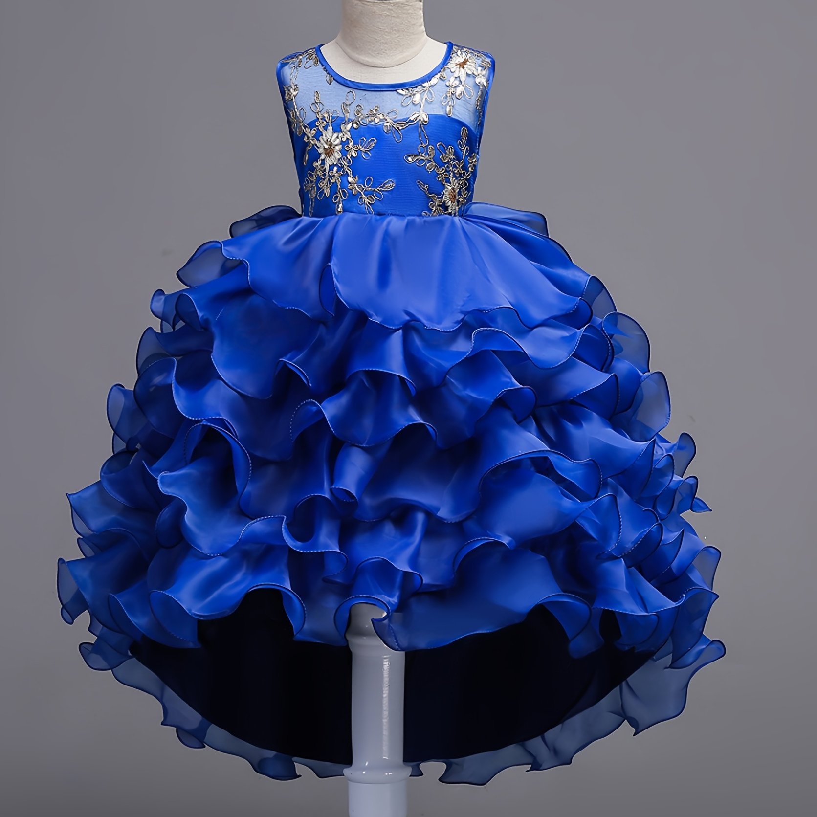 Girls Sleeveless Puffy Princess Dress Flowers Embroidery Mesh Layered 