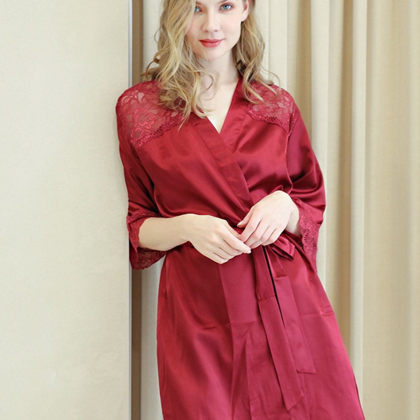 lace-trim-satin-kimono-3-4-sleeve-short-lounge-robe-with-belt-soft