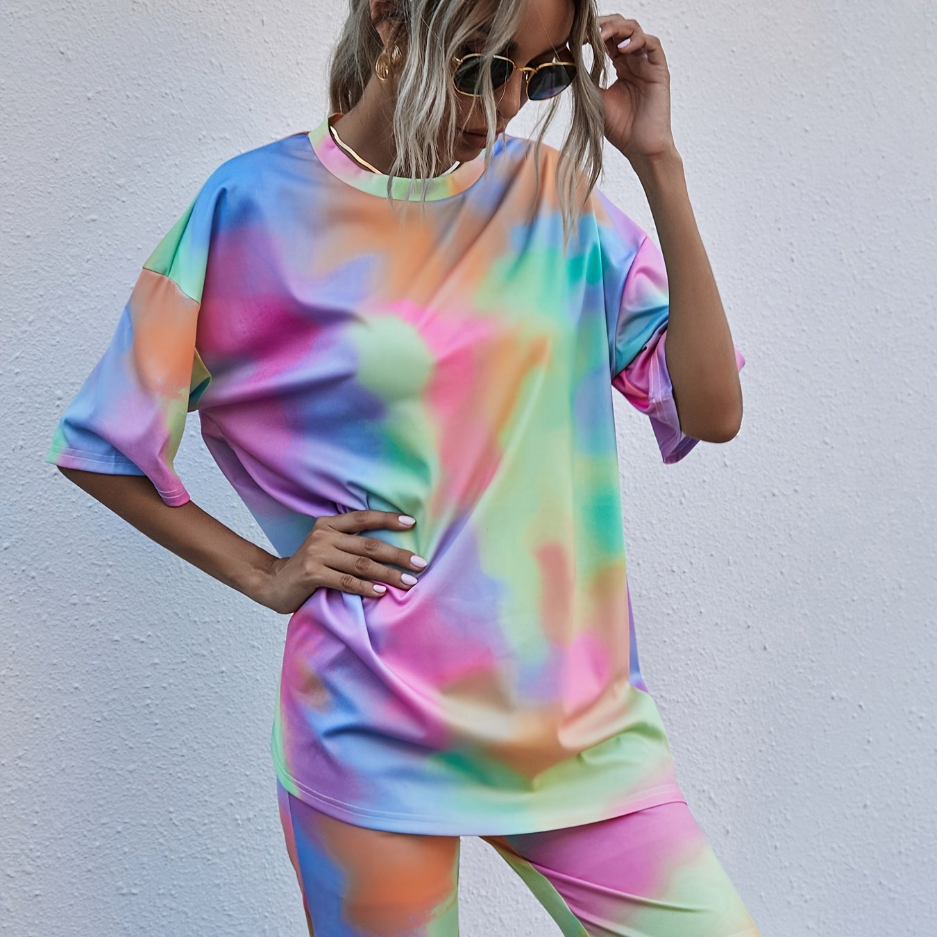 Casual Tie Dye Two-piece Set, Drop Shoulder T-shirt & Biker Shorts Outfits,  Women's Clothing