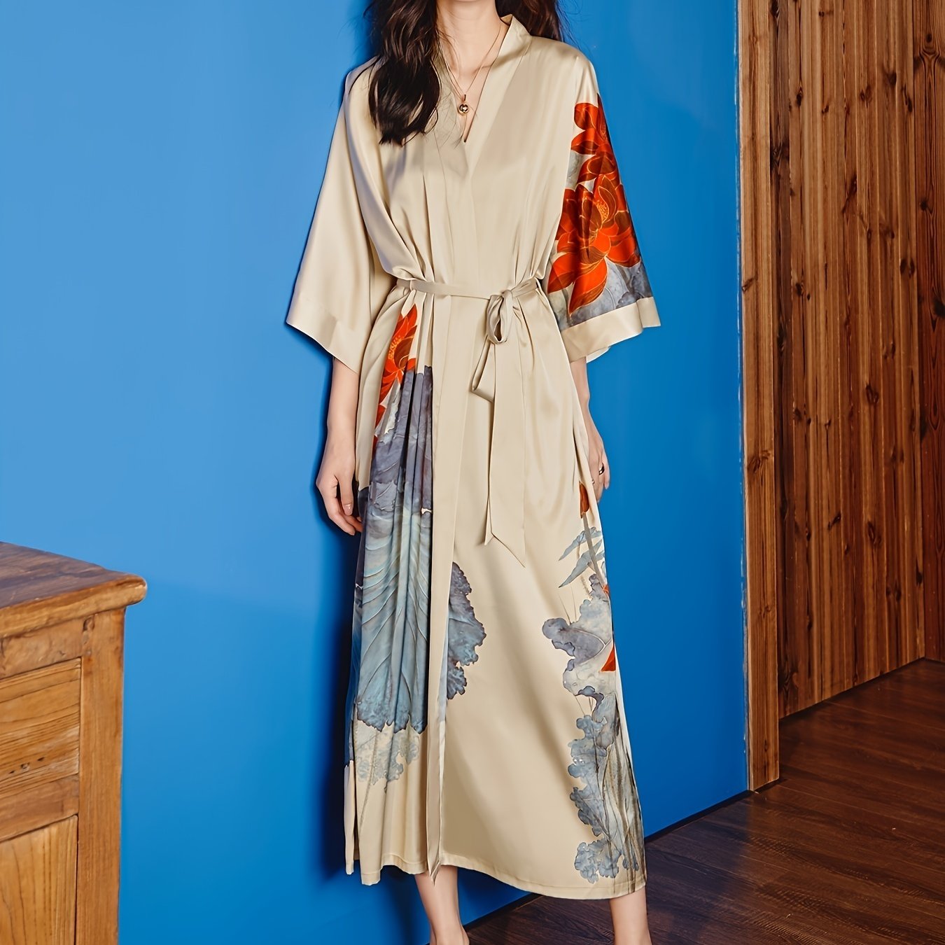 Kimono Robes For Women Long Satin Robe Floral Robes Kimonos Bathrobe ...