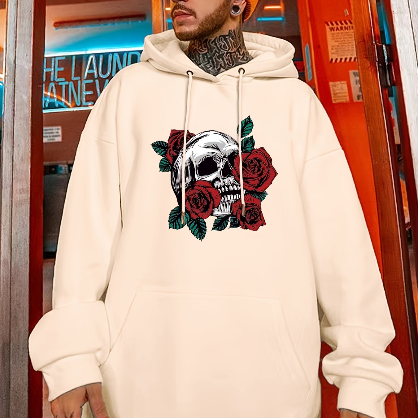 Men's Plus Size Skull Rose Pattern Drawstring Long Sleeve Loose