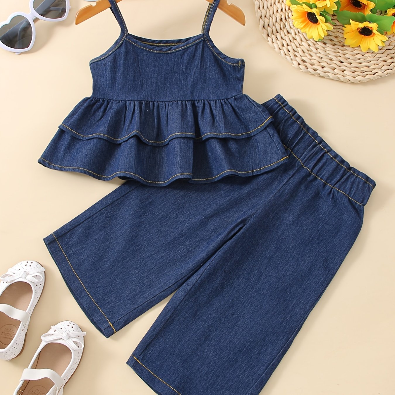 Image of 2pcs Girls Denim Hem Cami Top & Elastic Waist Wide Leg Jeans Set Kids Summer Outdoor Clothes, Fluid Pant