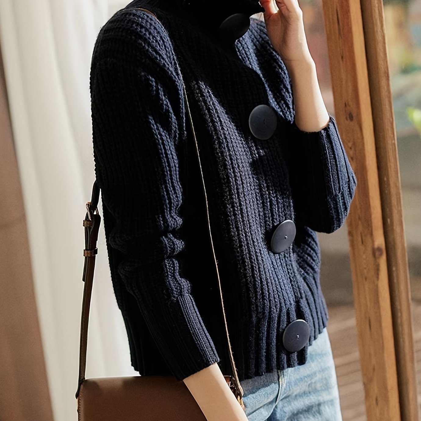 Image of Women's Thick Sweater With Large Buttons - Loose Fit Lapel Collar Pullover, Solid Color Machine Washable Winter Sweater For Casual & Office Wear, Sweater, Cozy Warm Fabric