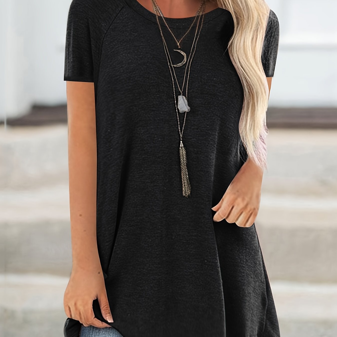 Women's Round Neck V-neckline Longline Solid Color Short Sleeve T-shirt