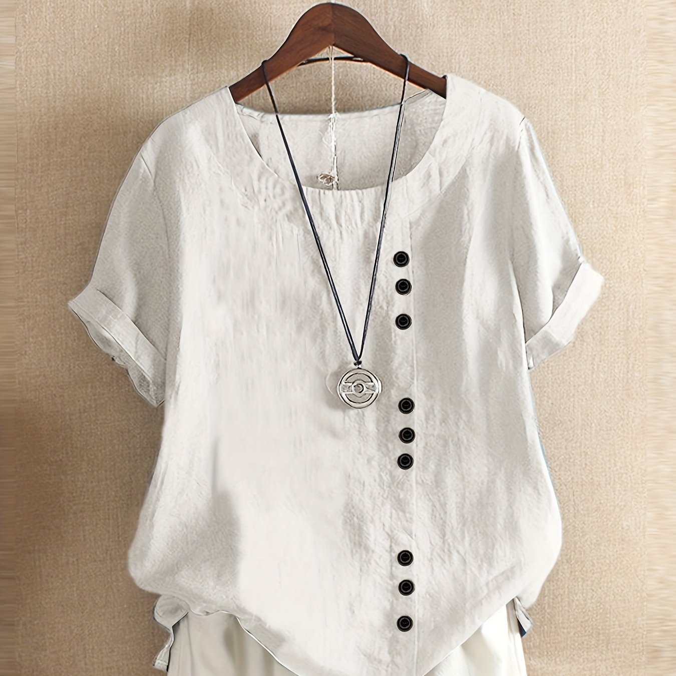 Image of Plus Size, Plus Size Women's European And Summer Vintage Solid Color Top, Plus Size Casual Loose Blend Short Sleeve Pullover Crew Neck Shirt For Women