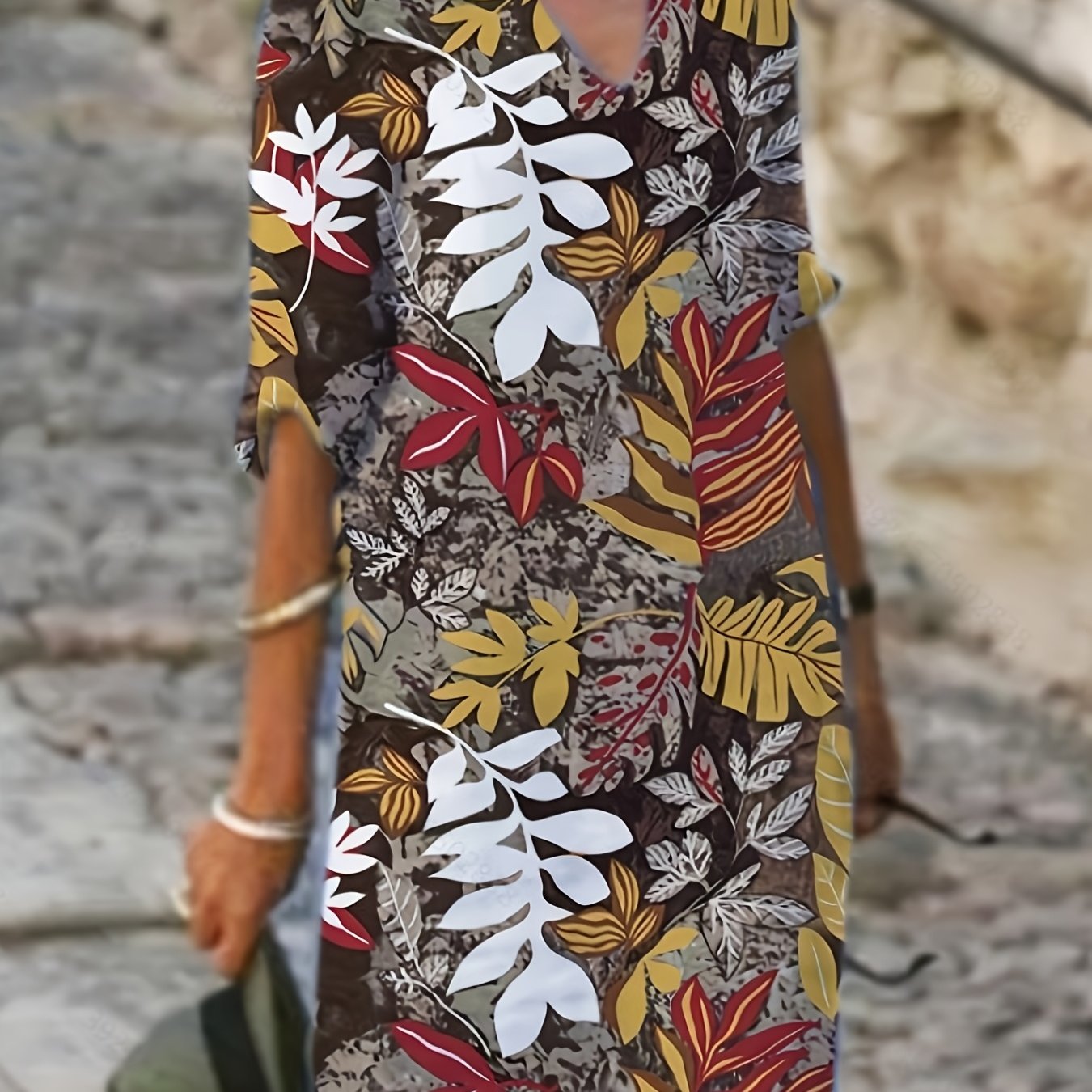 Leaf Print V Neck Dress Casual Short Sleeve Dress For Spring Summer