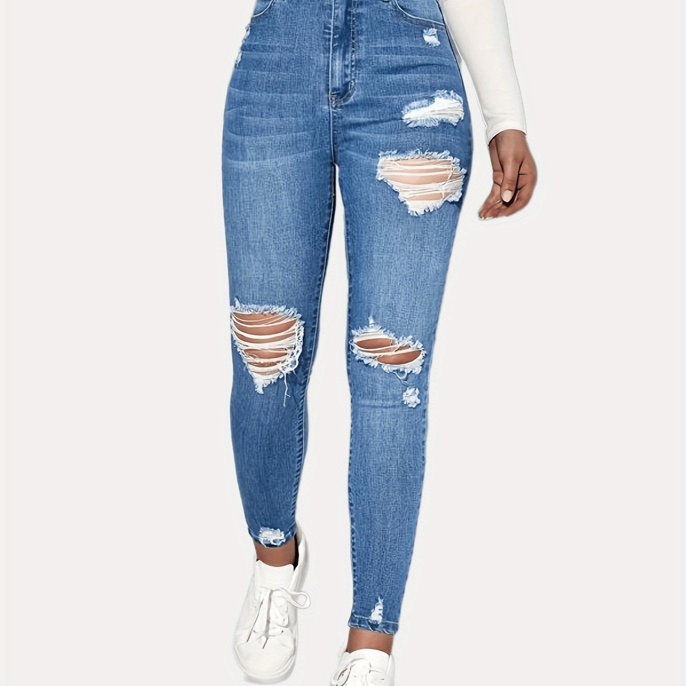 High Straight Legs Loose Baggy Jeans Ripped Knees Cut - Temu Portugal