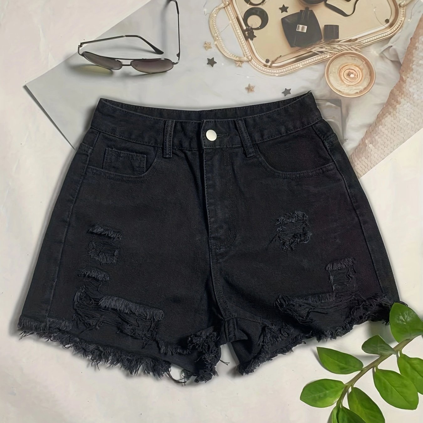 Shorts jeans preto com bainha crua acabamento desfiado calça - Temu Portugal