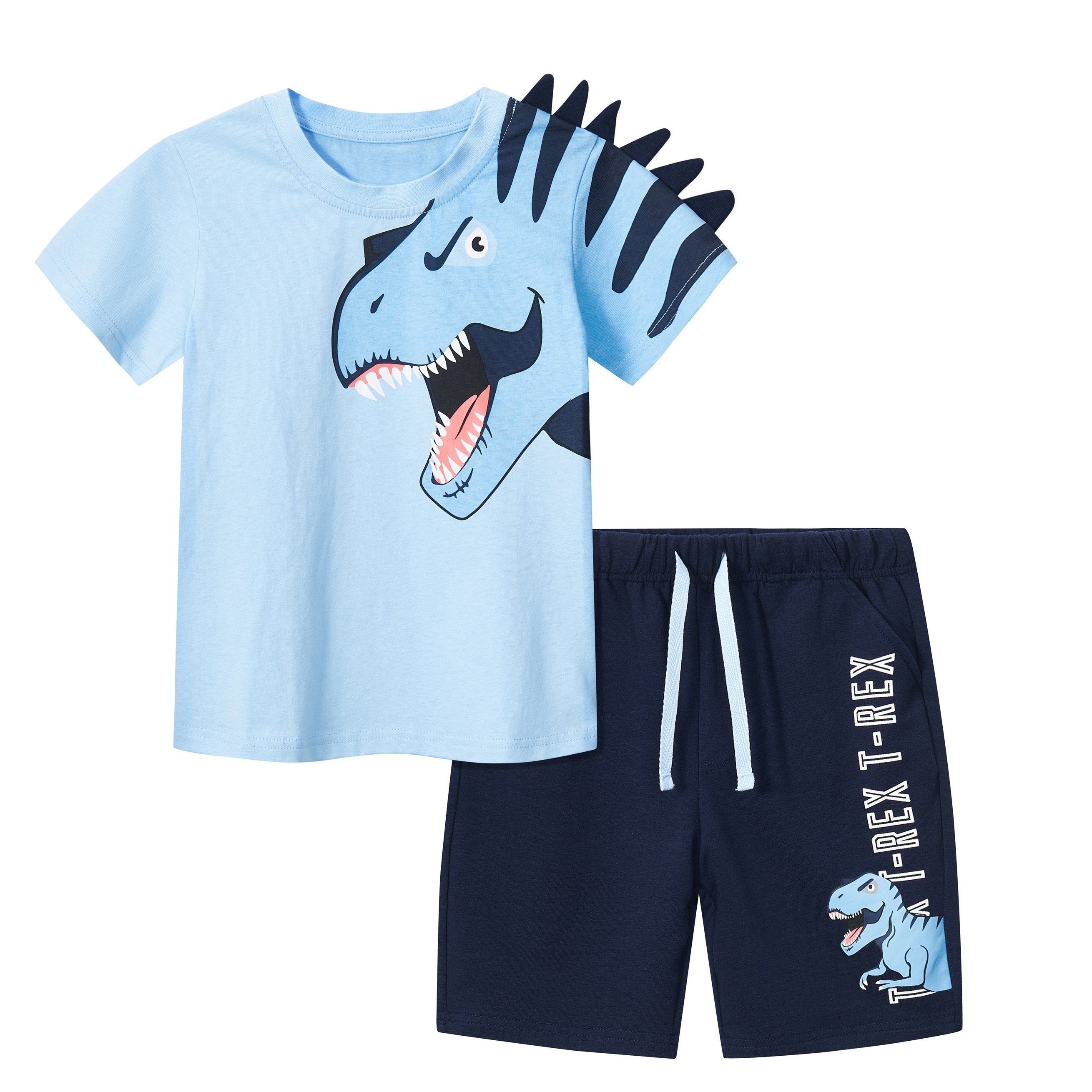Image of Boys' Summer Short-sleeve And Shorts Set Featuring A Round-neck Cartoon Animal T-shirt And Navy Shorts With Cartoon Animal And Letter, For Outdoor
