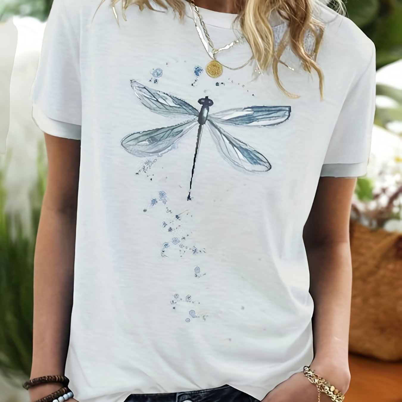 Dragonfly Print Crew Neck T Shirt Casual Short Sleeve T Shirt For ...