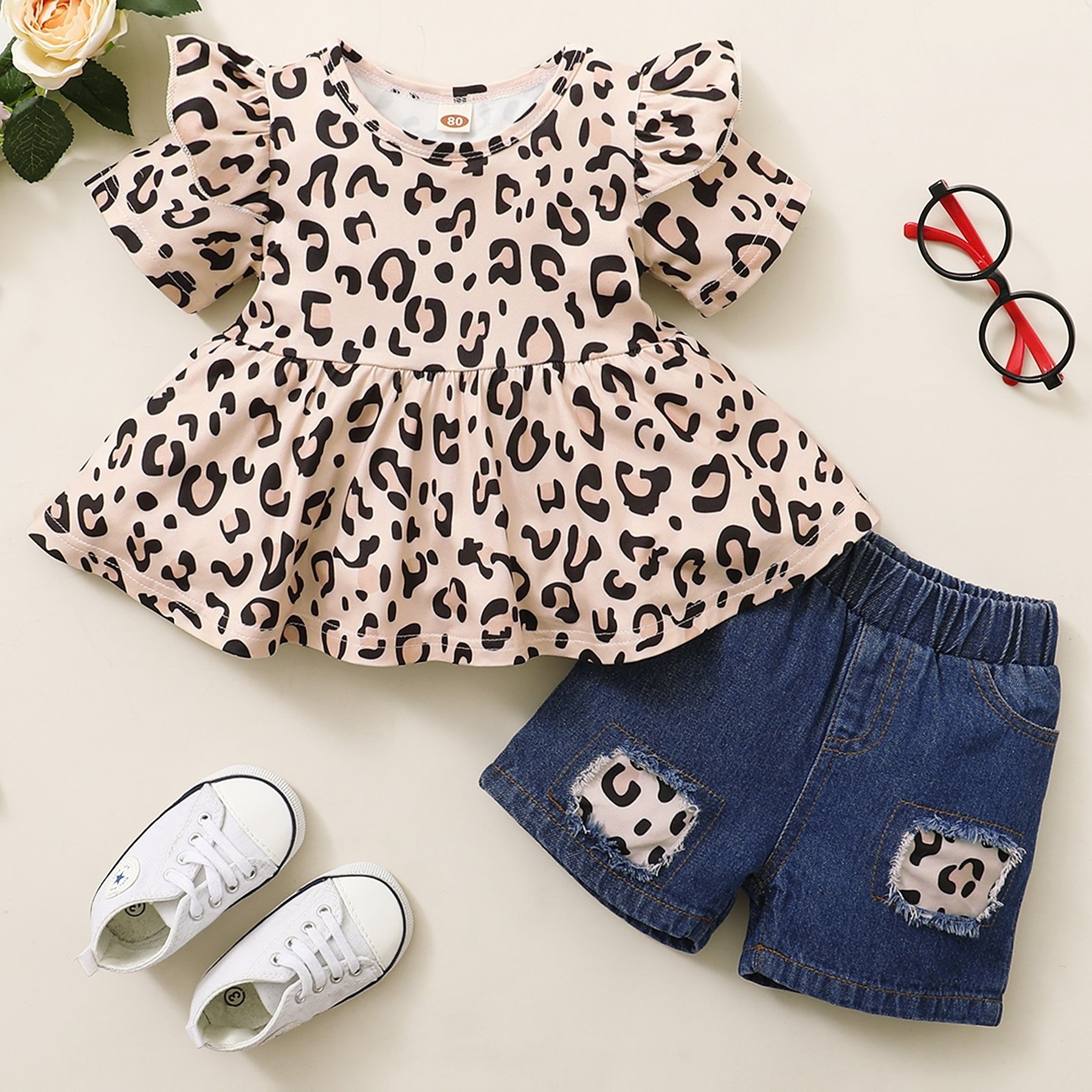 2pcs Toddler Girls Ruffle Trim Leopard Blouse Top Ripped Denim Shorts