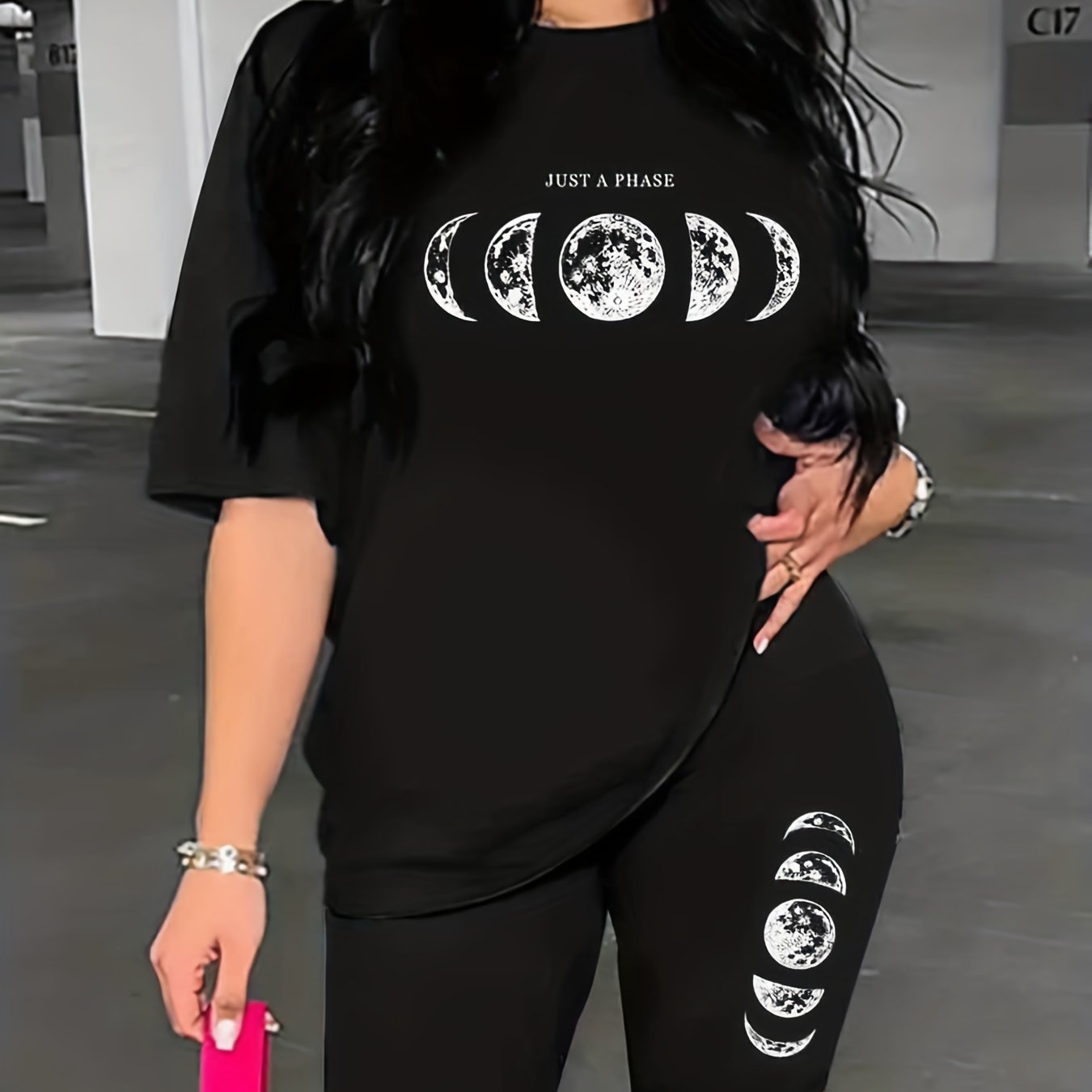 TEMU Phase Print Two-piece Set, Short Sleeve T-shirt & Biker Shorts 2pcs Outfits For , Women's Clothing