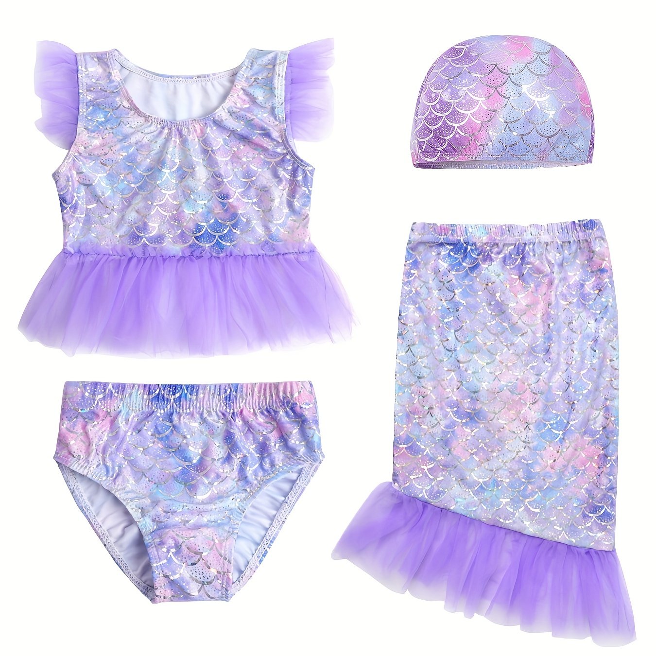 Fish Scale Print Mermaid Costume Ruffle Bikini Cover Skirt - Temu