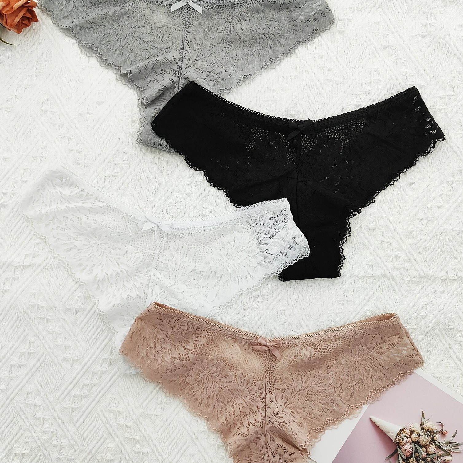 Image of 4pcs Floral Lace Hipster Panties, Sexy Comfy Low Waist Stretch Bow Tie Panties, Women's Lingerie & Underwear