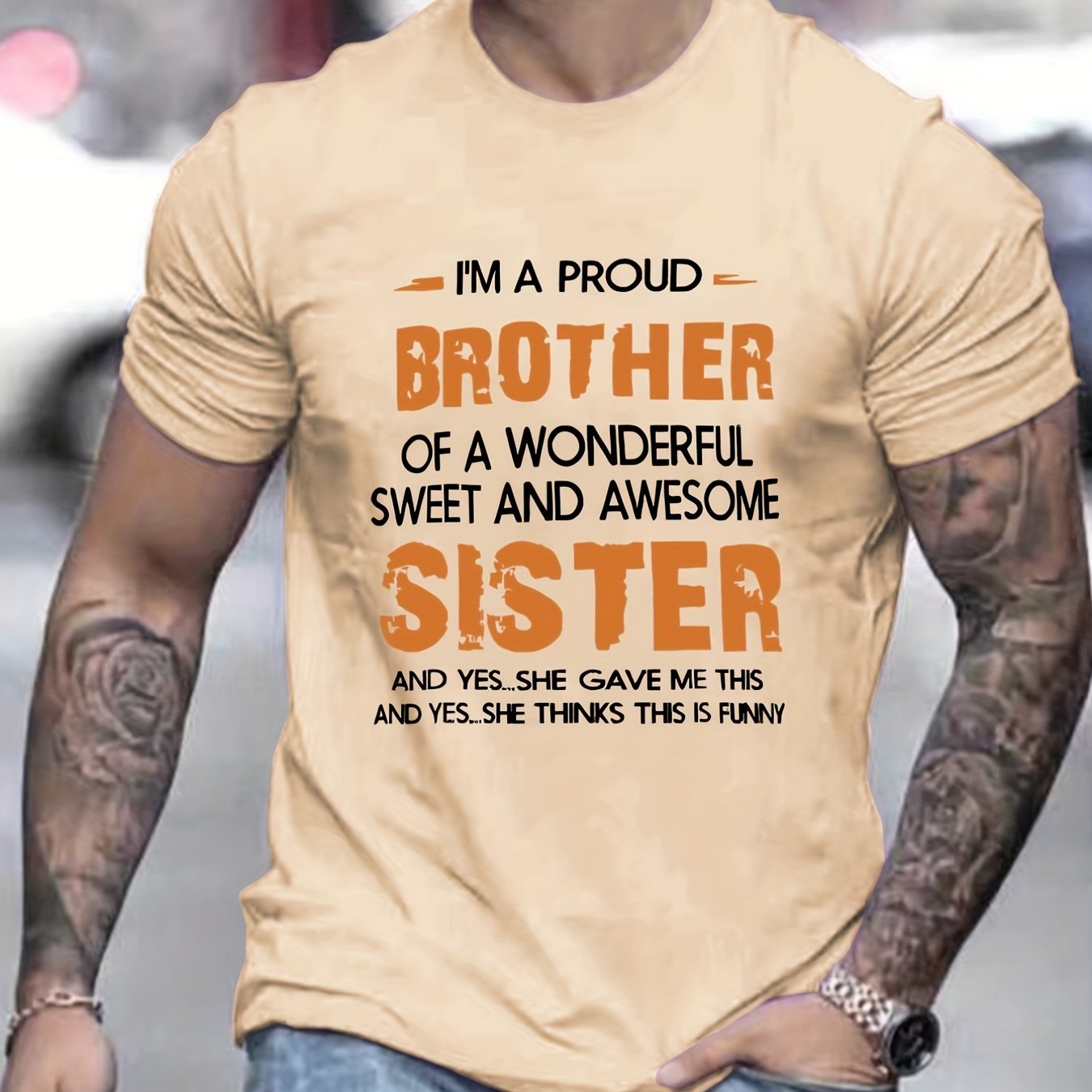 TEMU Men's "brother Sister" T-shirt, Round Neck Tee Casual Clothing, Spring And Summer