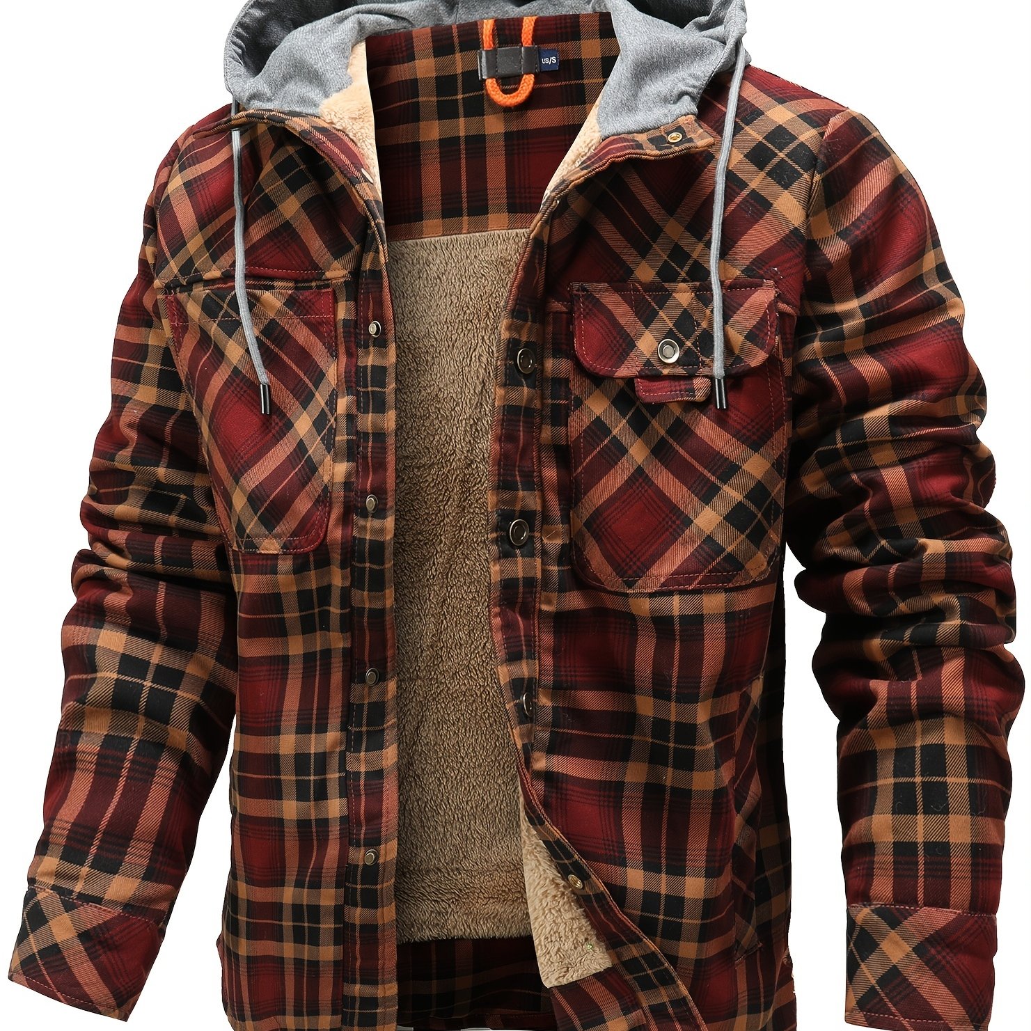 Men's Plus Size Cotton Plaid Warm Fleece Drawstring Hooded - Temu