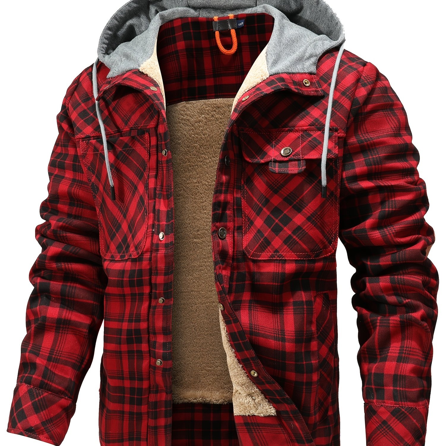 Men's Thick Warm Plaid Fleece Jacket with Hood Autumn Winter Fashion Plush  Lined Loose Plaid Hooded Jacket Coat 