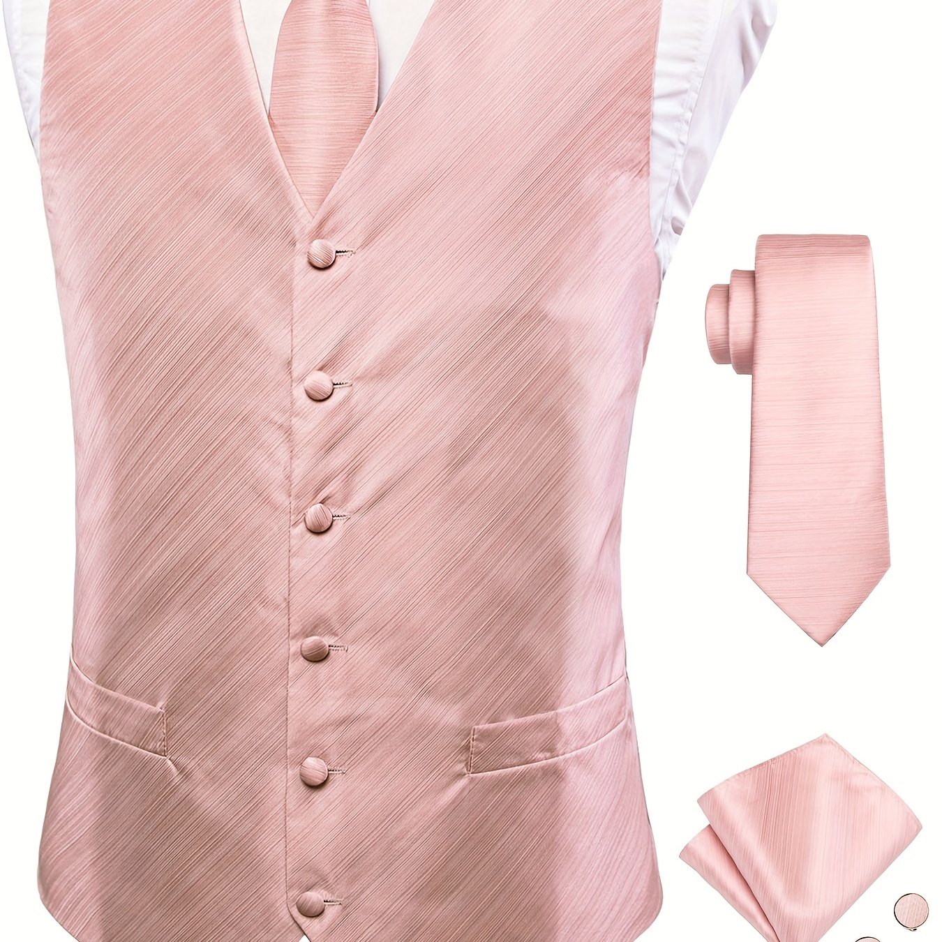 TEMU Plus Size Heren Roze Vest Stropdas Zakdoek Manchetknopen, PLUS SIZE