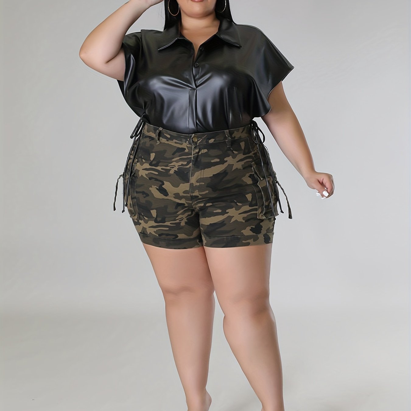 Plus Size Contrast Lace Button Detailed Short Sleeve Tops, Women's Plus  Medium Stretch Sexy Tops