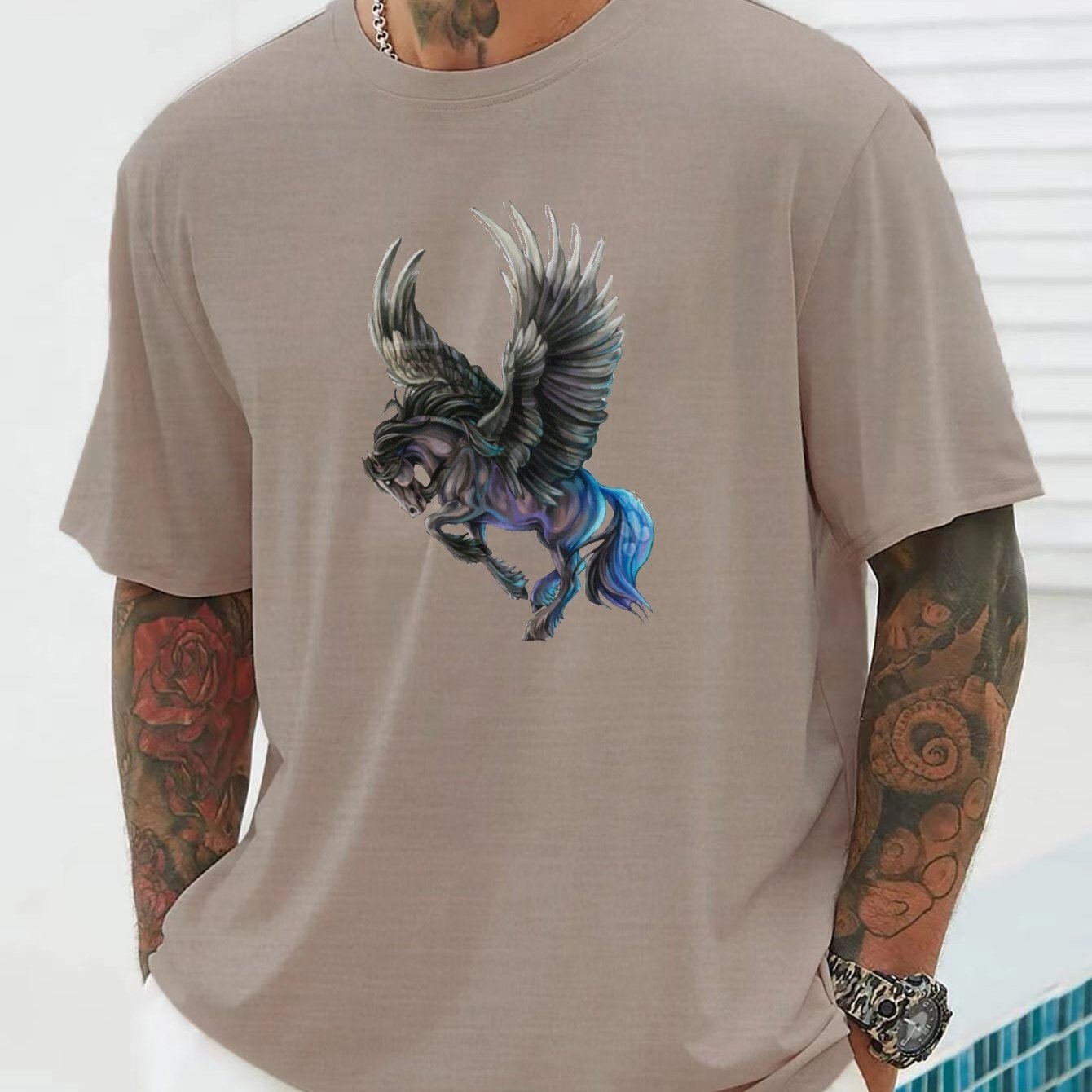 Plus size men s casual graphic tees for summer flying horse print