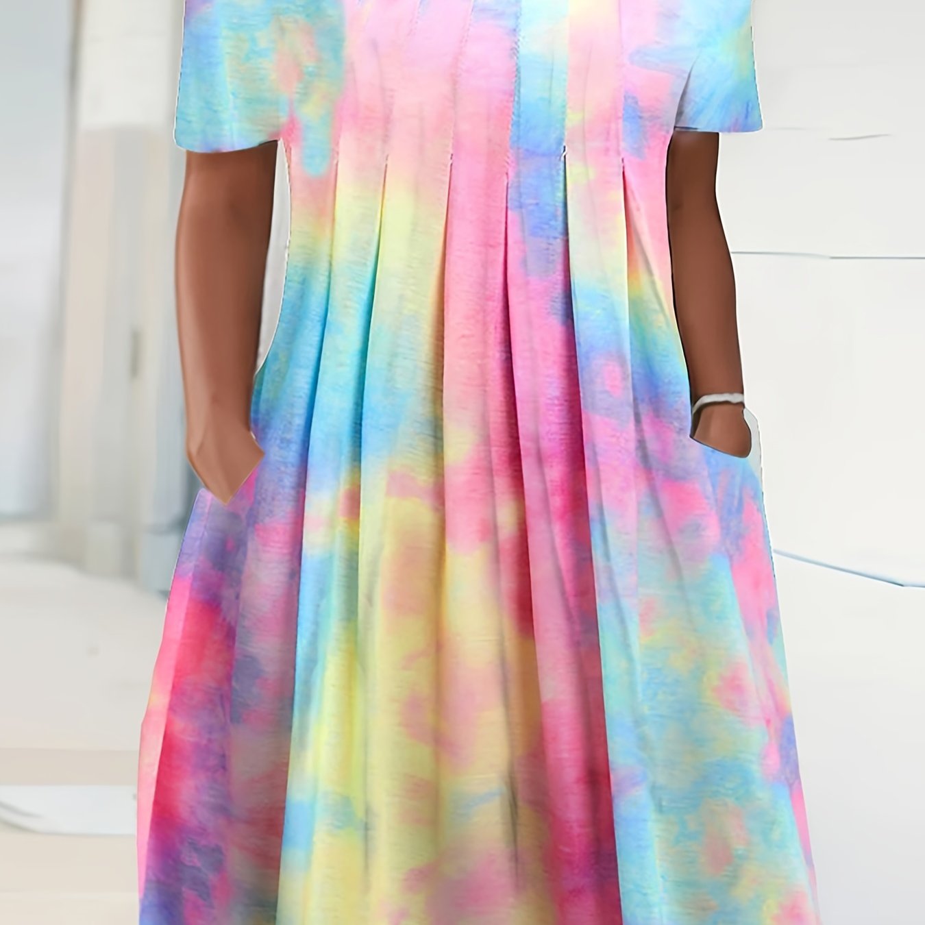 plus size elegant dress womens plus tie dye boat neck short sleeve pleated midi dress with pockets