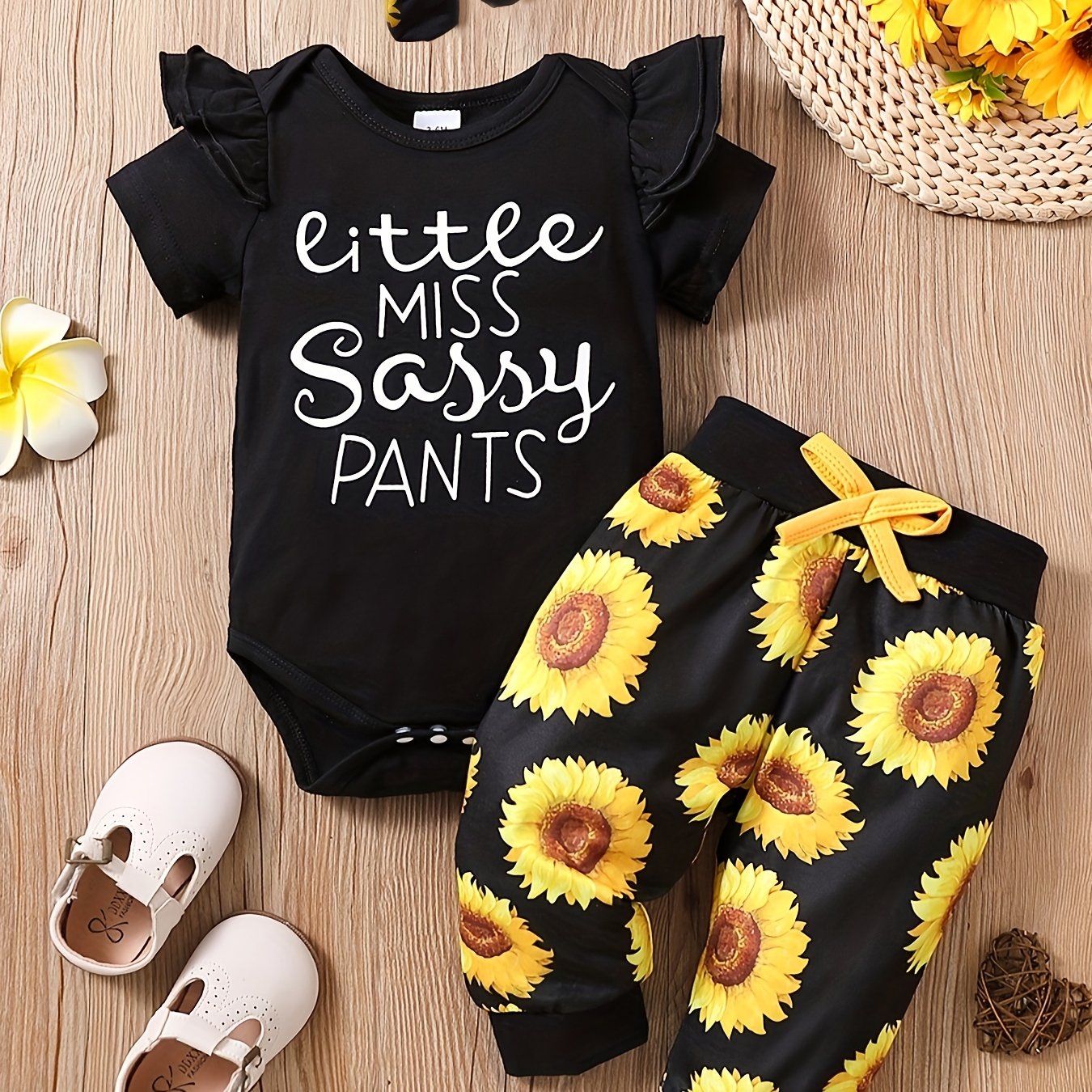 Baby Girls Cute Fly Sleeve Letter Print Romper Sunflower Print Pants ...