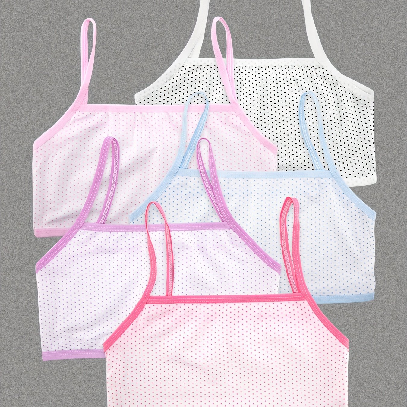 5pcs Little Girls Underwears, Simple Polka Dot Pattern Cotton Comfortable  Breathable Bras, Small Suspender Vests