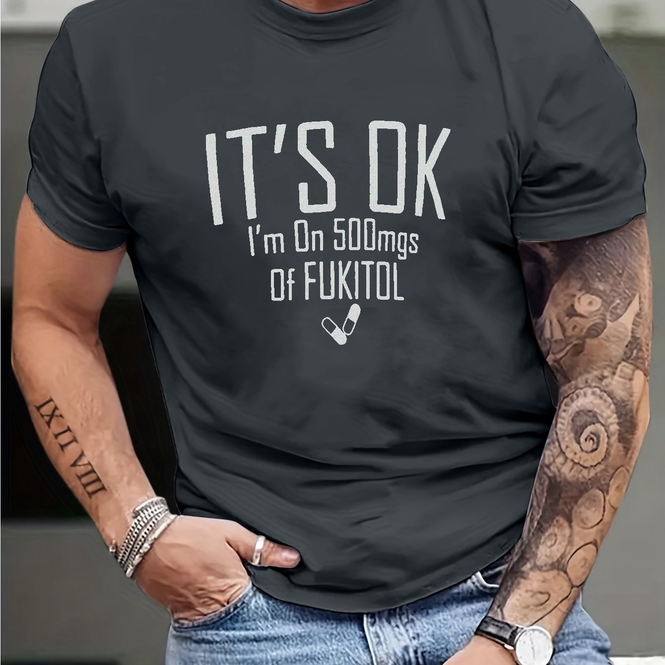 TEMU Men's Large Casual Graphic T-shirt - " I'm On 500 Mgs Of " Funny Print, Green Polyester Round Neck Tee, Relaxed Fit For Casual Attire, Apparel| Print Shirt|knitted Texture, Plus Size