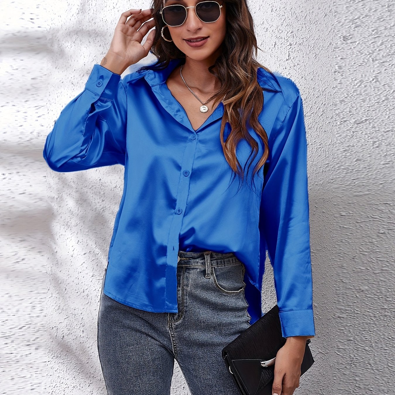 Solid Color Long Sleeve Button Down Tops Business Casual Blouses For ...