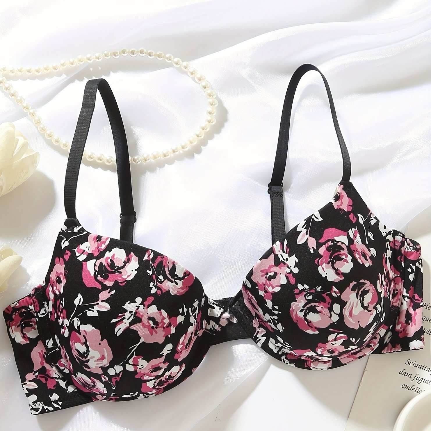 Floral Print Push Up Bra, Elegant & Comfy Stretch Full Coverage Bra,  Women's Lingerie & Underwear