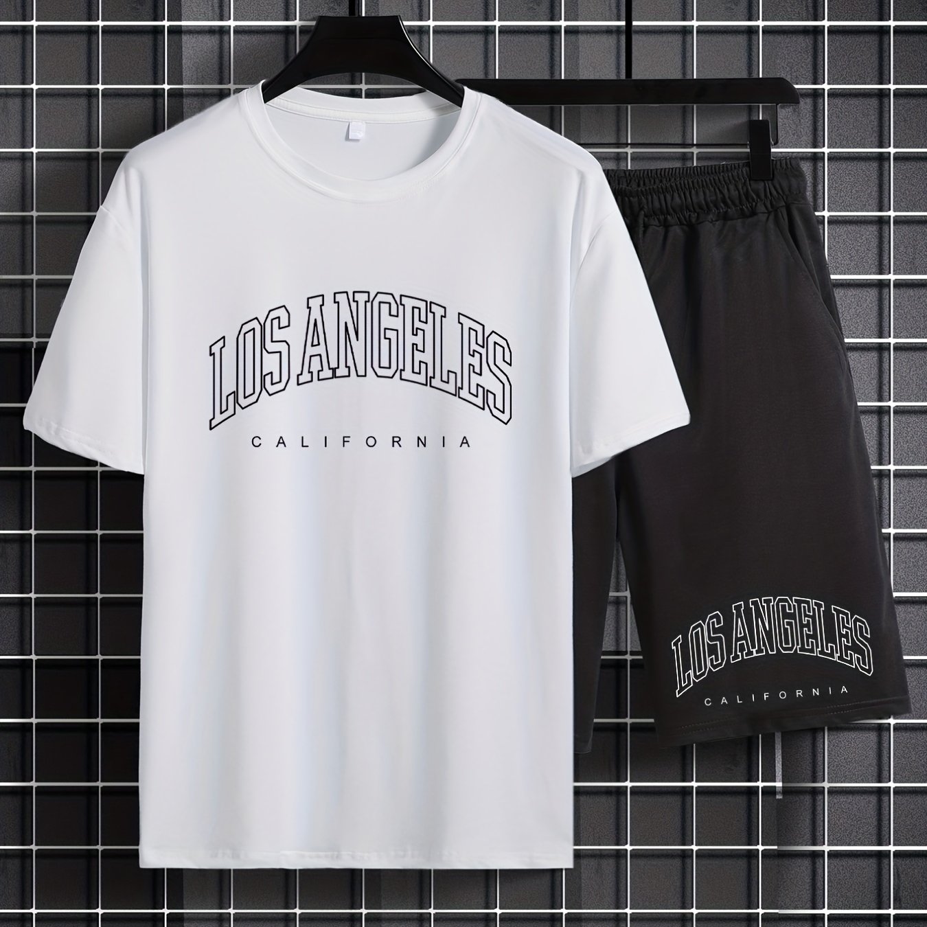 TEMU Men's Casual Los Angeles Graphic Print Comfortable Crew Neck Short Sleeve T-shirt & Shorts Sets, Summer Oversized Loose Clothing Plus Size