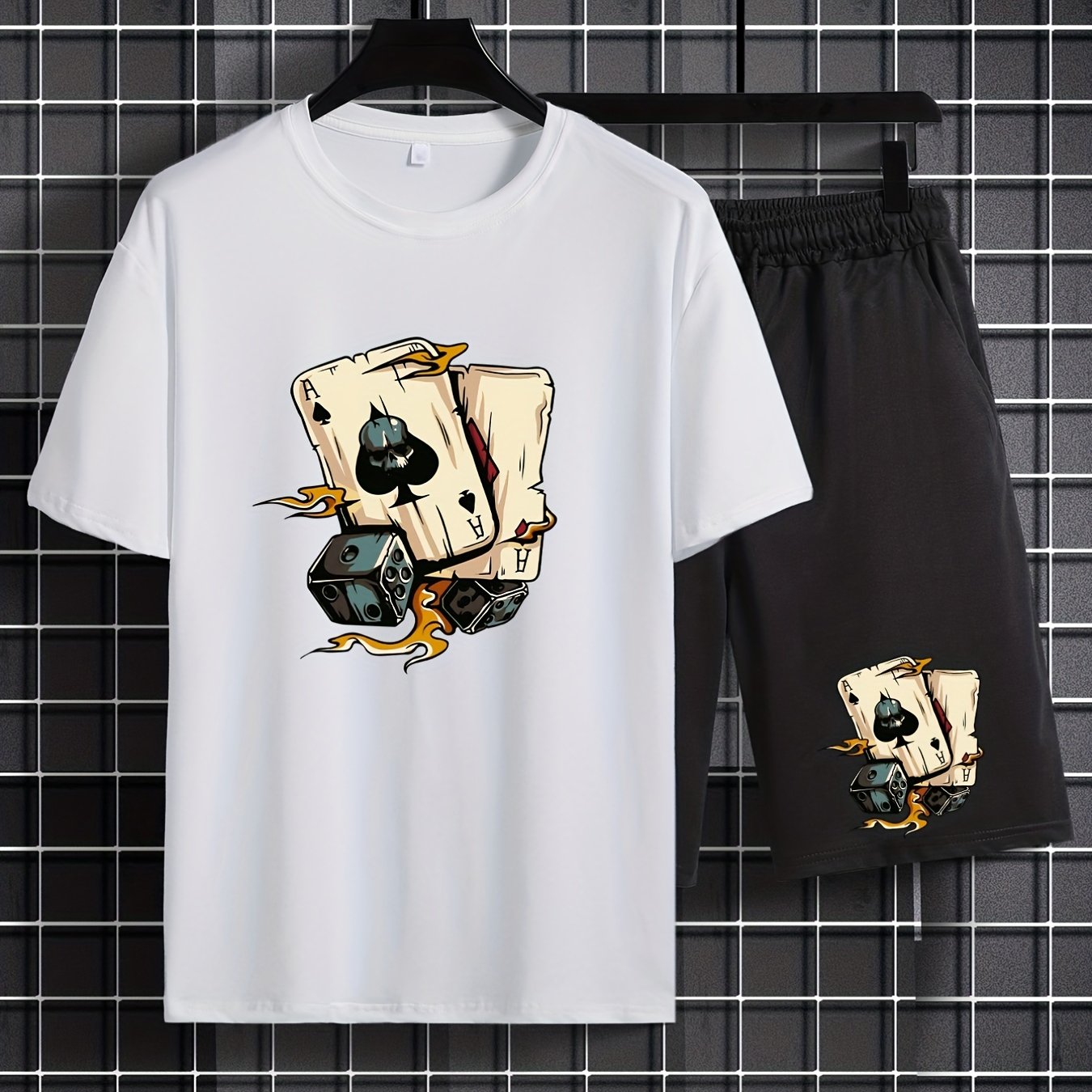 TEMU Men's Casual Trendy Poker Element Graphic Print Comfortable Crew Neck Short Sleeve T-shirt & Shorts Sets, Summer Oversized Loose Clothing Plus