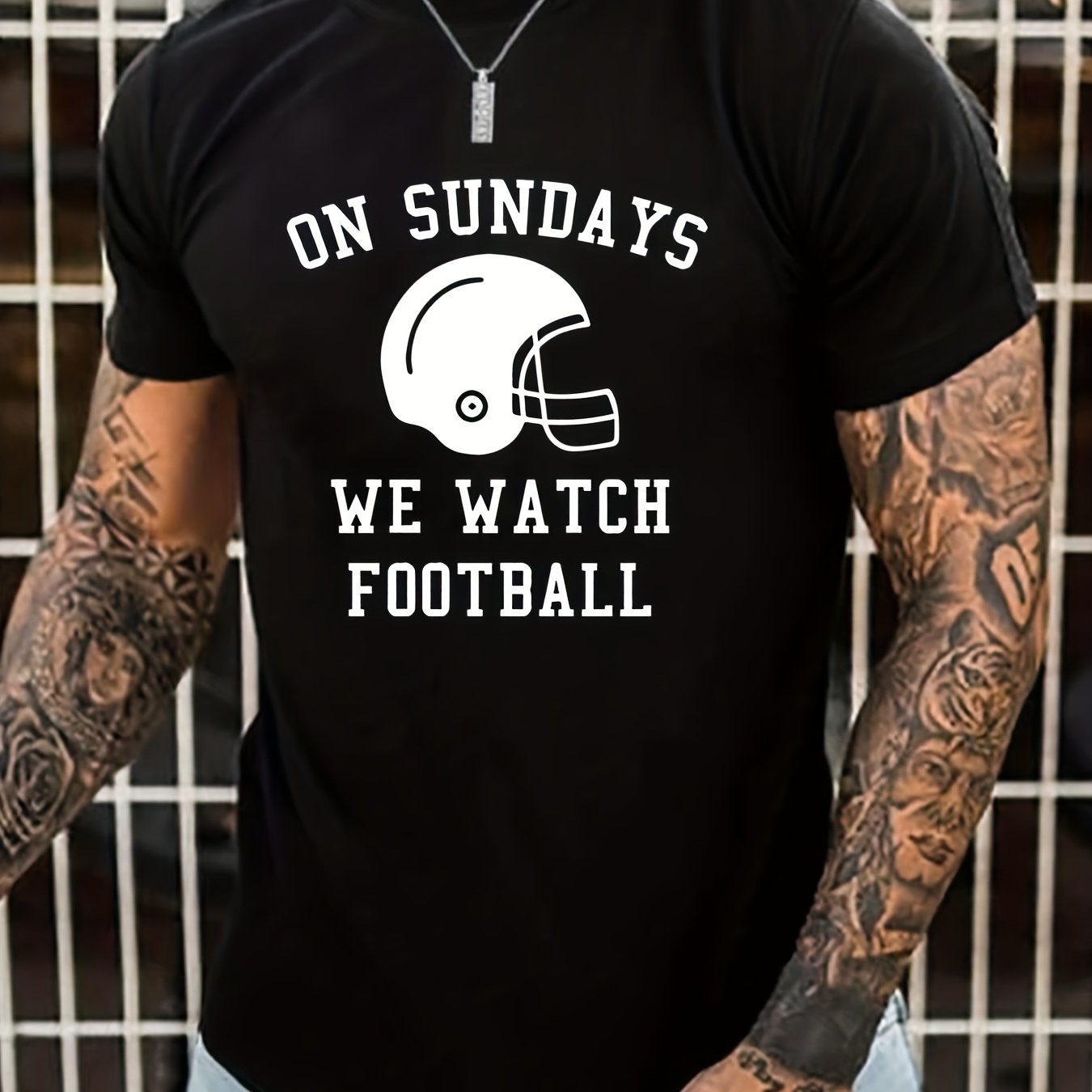TEMU Slogan & Football Helmet Pattern Print Men's T-shirt, Graphic Tee Men's Summer Clothes, Men's Outfits