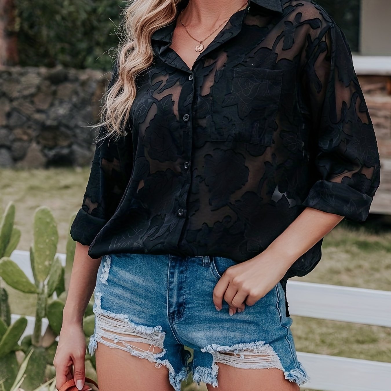Women's Hollow-out Chiffon Blouse, Long Sleeve, Solid Color, Polyester 100%, Lapel Collar, Single Breasted , Woven Fabric, 120g/m², Regular Length, Casual Weekend Wear For Spring/summer/fall