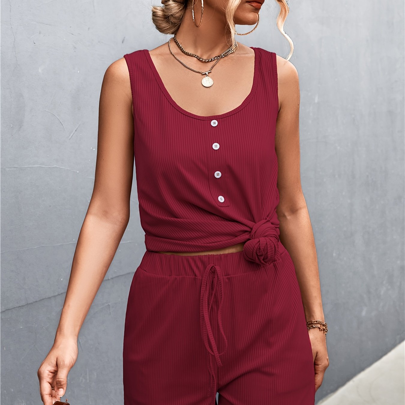 Solid Casual 2 Pieces Set Button Front Scoop Neck Sleeveless Tank Top solid-casual-2-pieces-set-button-front-scoop-neck-sleeveless-tank-top