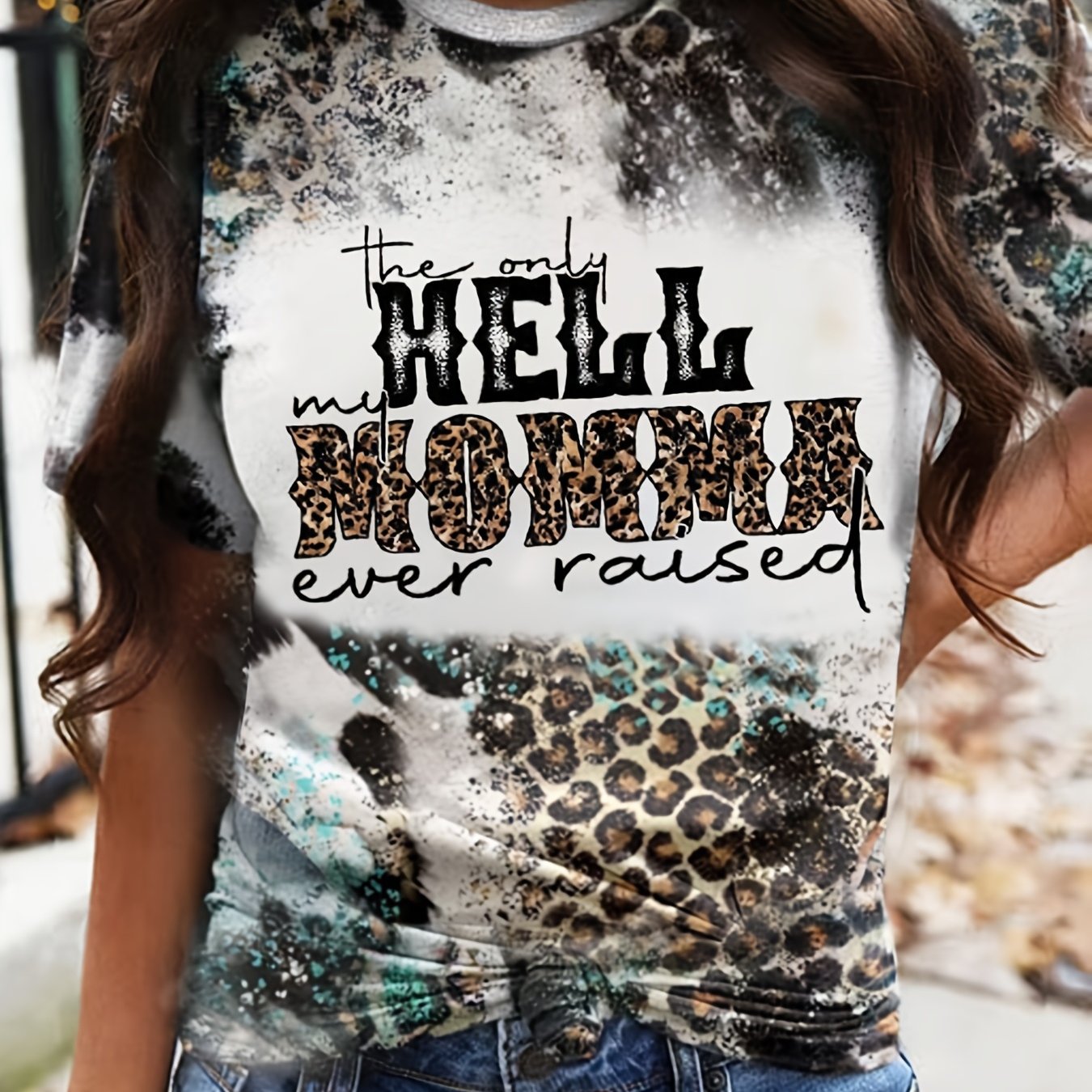 Leopard Hell Momma Letter Print T-shirt, Vintage Casual Loose Short Sleeve T-shirt, Women's Clothing