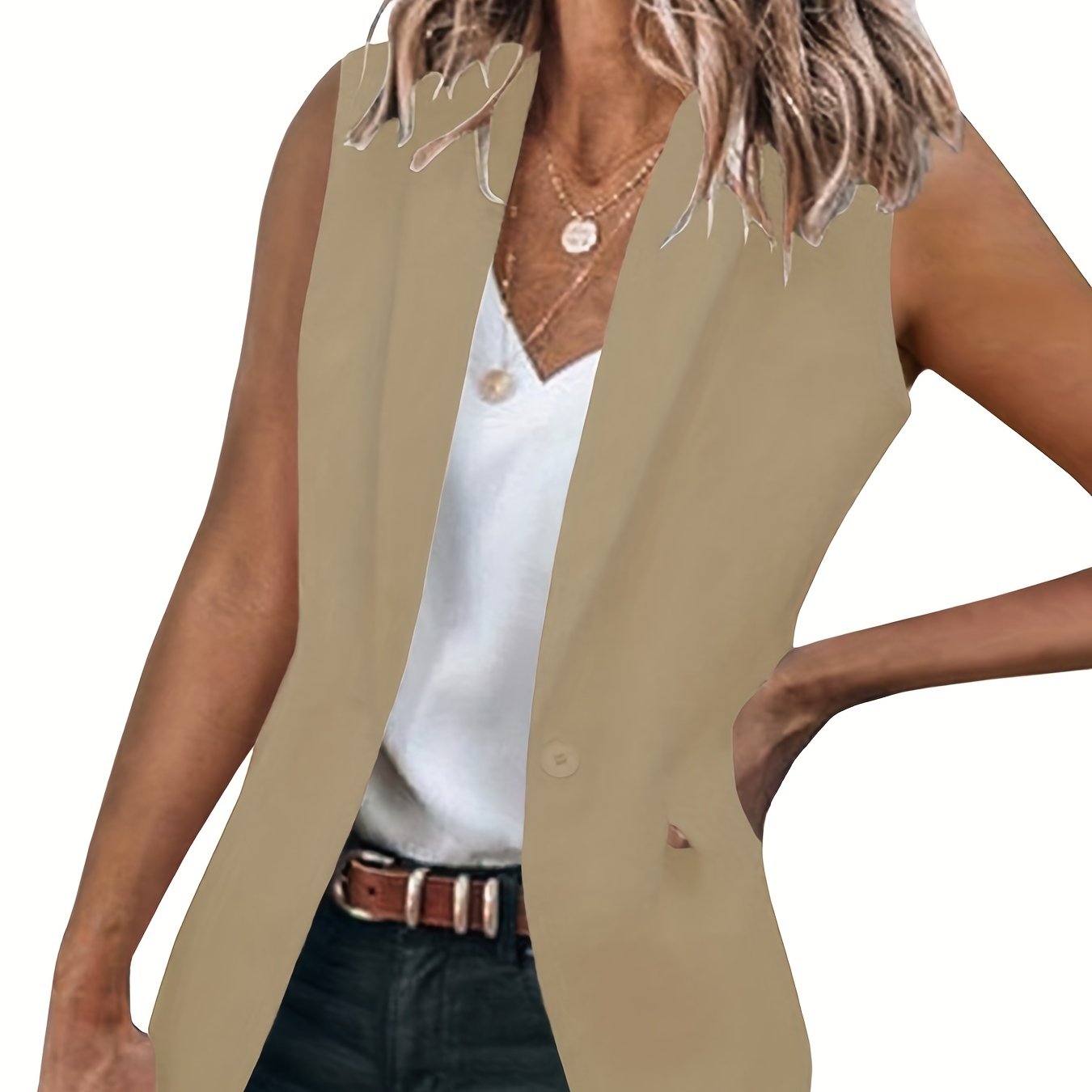 Solid High Neck Vest, Casual Sleeveless Button Front Versatile Vest,  Women's Clothing