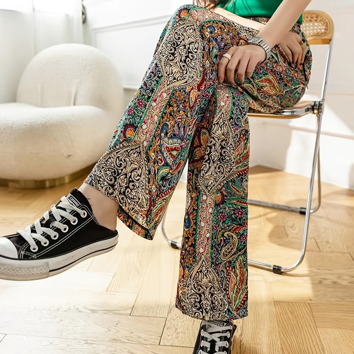 Women Floral Printed Drawstring Loose Comfy Wide Leg Trousers Casual Long  Pants