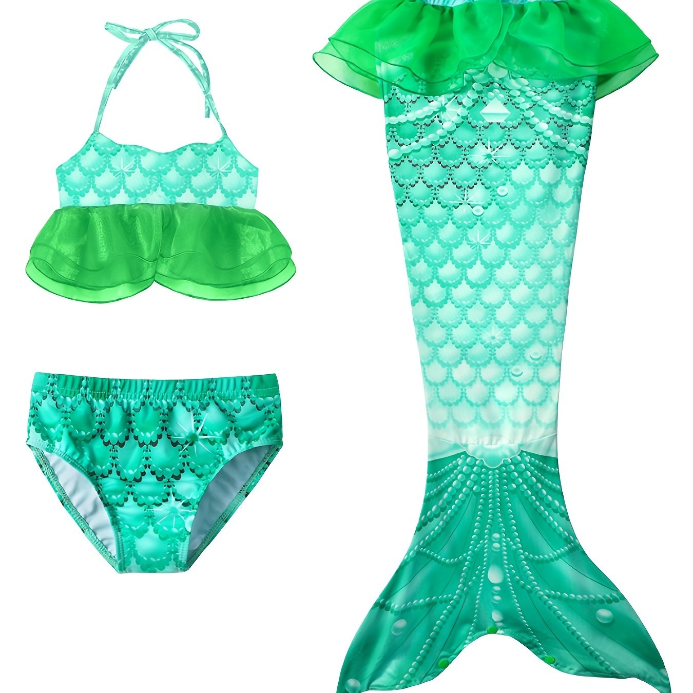 3pcs Girls Mermaid Bikini Swimsuit Mesh Ruffled Hem Fish Scale Graphic ...