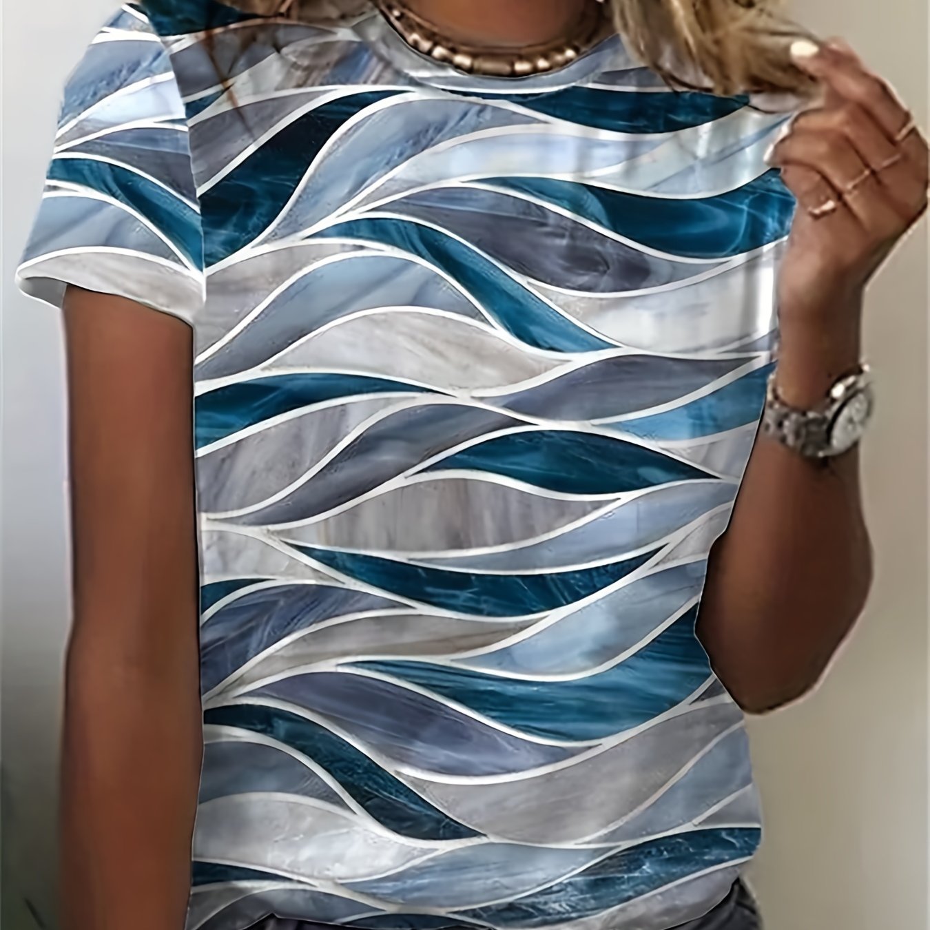 2023 Summer New Casual Crew Neck Geometric-pattern Polyester Short Sleeve Round Neck T Shirt