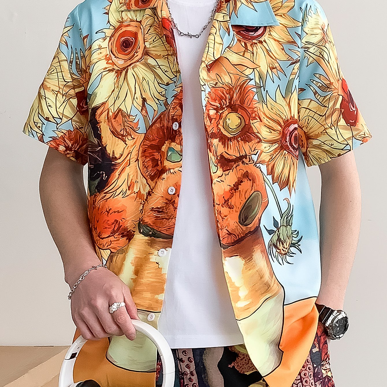 Men's Hawaiian Shirt, Painting Style Sunflower Pattern Cuban